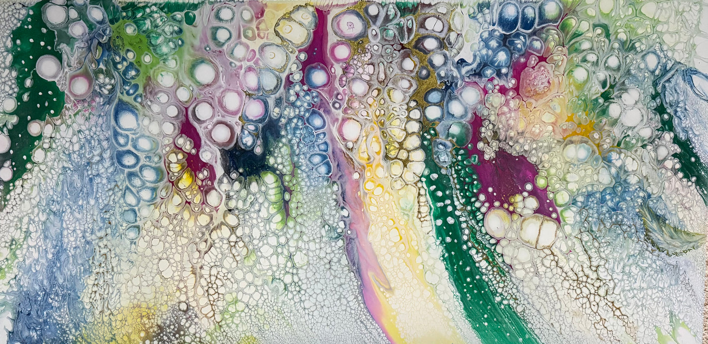 24 x 48 inch acrylic painting in the pearl process. Very colorful with greens, pinks, yellows and blues. This painting creates a fun atmosphere and works well for any room but especially a child’s room.