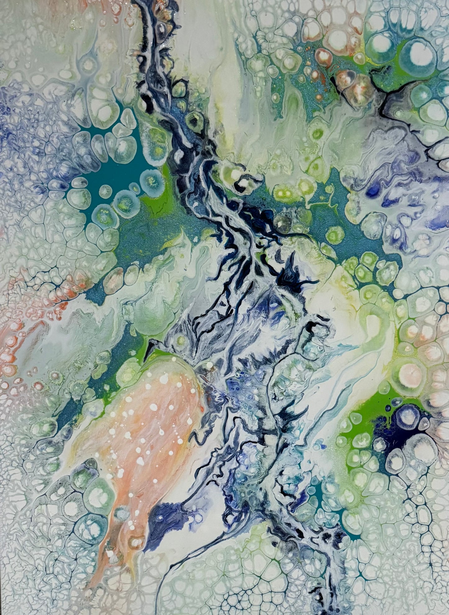 24 x 30 acrylic painting in the pearl process. Calming shades of blue and green with a river effect flowing through the center of the painting. At the end of the painting, the flow resembles the head of a duck. So the name Duck River seemed appropriate.