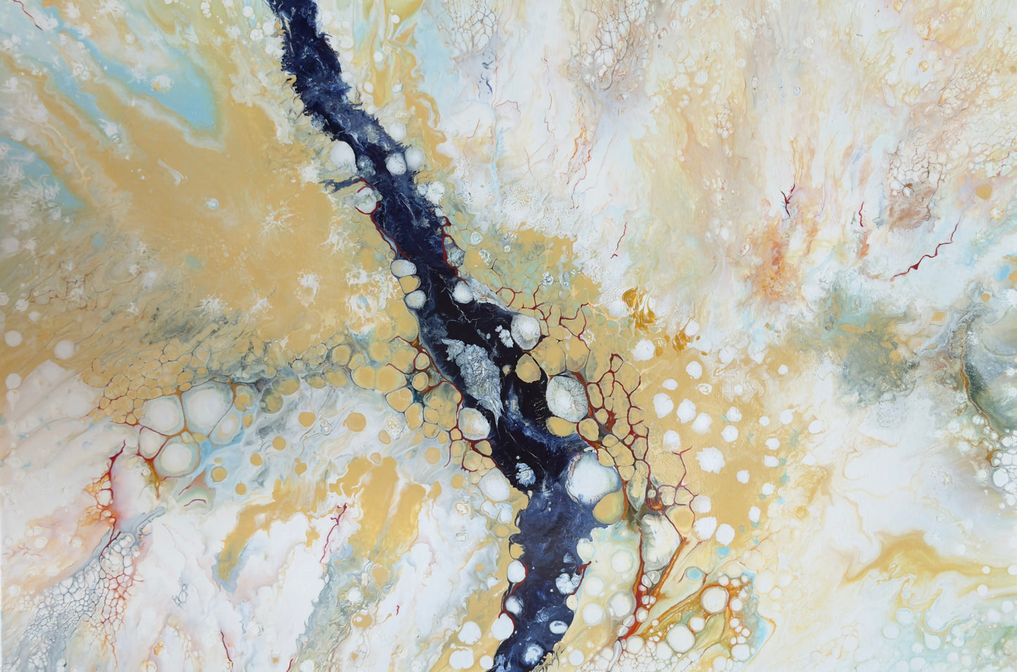 24 x 36 Acrylic painting in the pearl process. Soft colors of pale blue, yellow and white surround a stunning deep blue streak. A contrasting feeling.