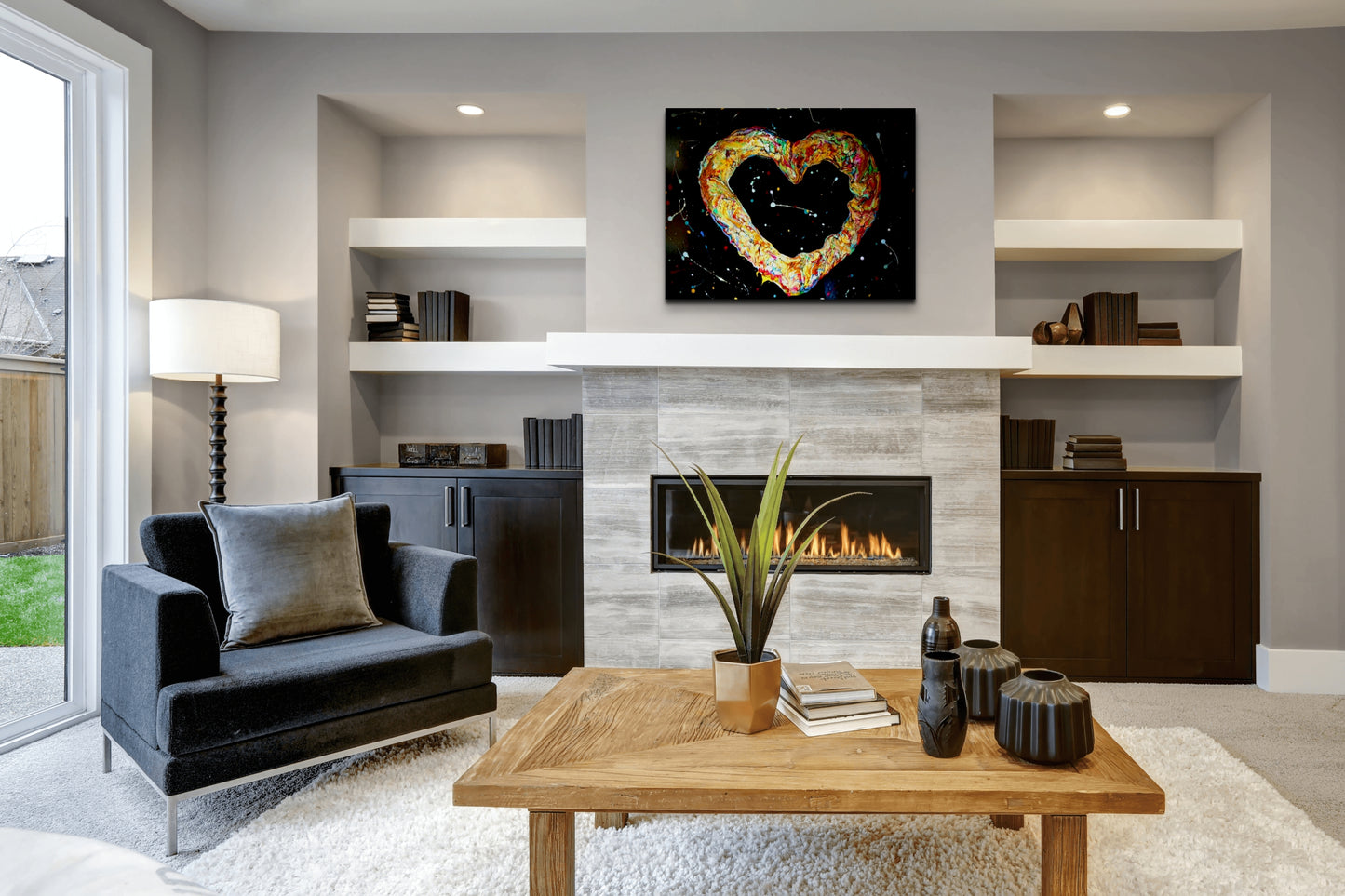 Love is a 24 x 30 inch acrylic painting created using both the pearl and bloom process. The heart symbol is a combination of multiple colors and exudes a feeling the comfort. It is an excellent companion piece to Peace, which was also created using the same process.