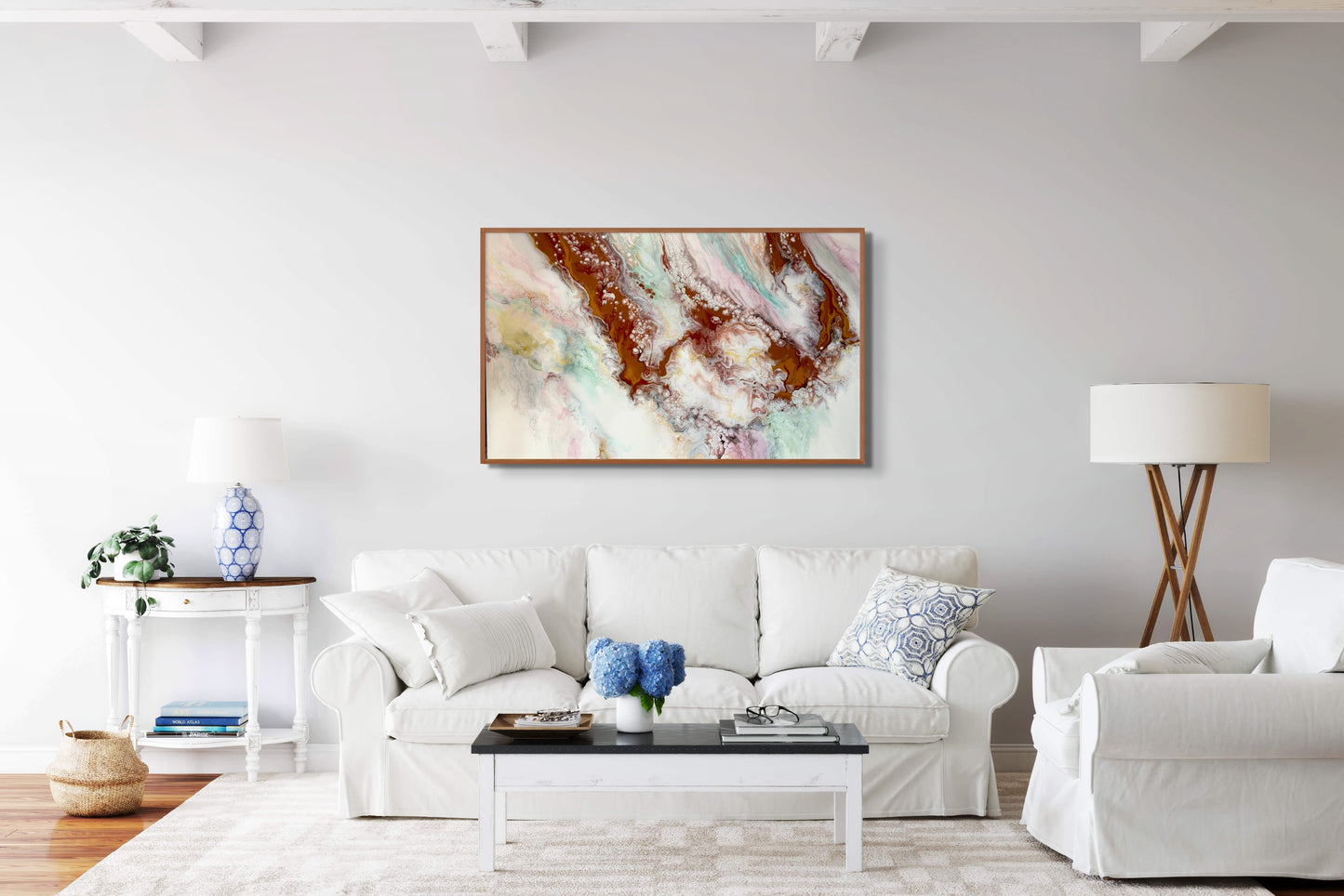 Large 30 x 40 acrylic pearl painting. Soft colors of light yellow, pale blue, pale green and pink surround bold colors of raw sienna and burnt umber. Perfect for any room.
