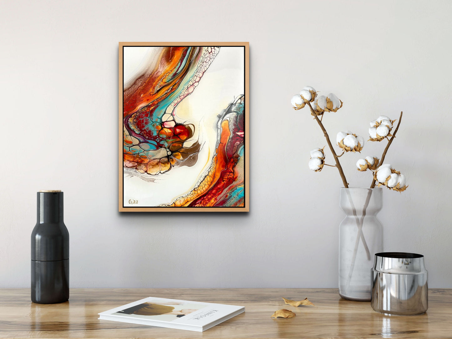 Created with the bloom process, the vibrancy of the colors mimic flowing pyroclastic flow of volcanos.