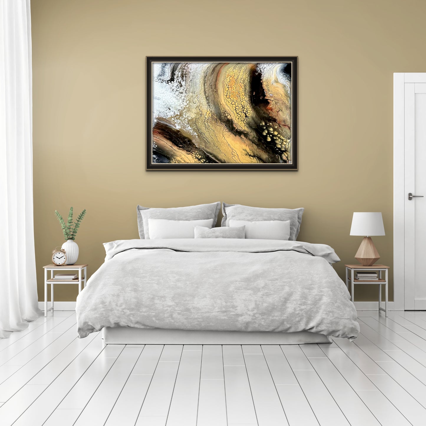 Beautiful Earth is a 30 x 40 inch painting in shades of soft golds, hints of copper, the deepness of blacks and complimentary whites. The colors flow into each other creating a soft, methodical movement that brings to mind the aerial view of our earth. Perfect for any room.
