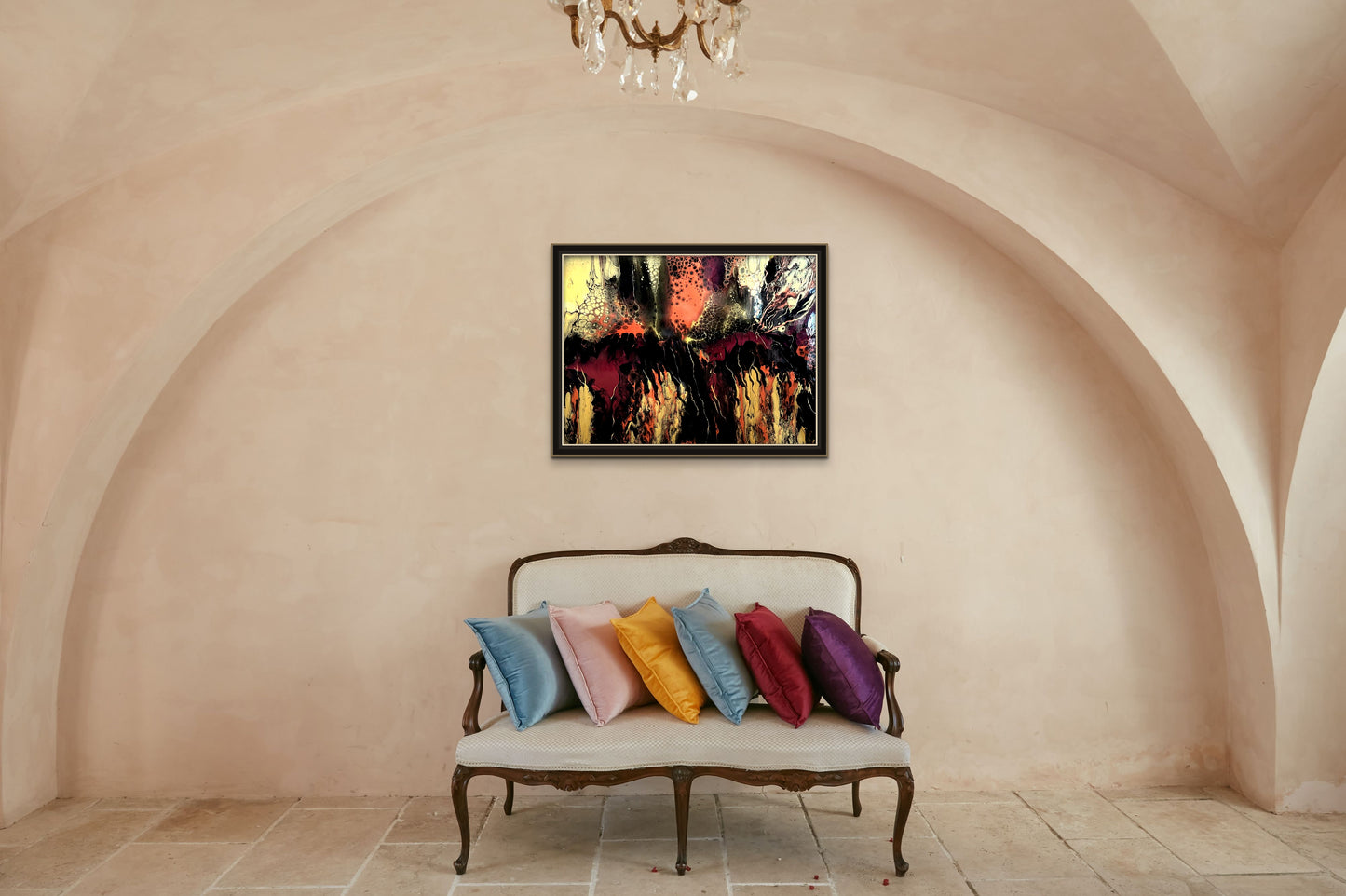 Turbulance is 30 x 40 inches. The colors are deep and rich with a background of black and accented in metallics of copper and gold. Also magenta adds a layer of mysticism to the patterns in the painting. Perfect for any location where an impact is desired. It is currently framed in a black floater frame, but is sold without the frame. If the frame is desired, the additional cost of $207.00 is only what the artist paid out of pocket for the frame. The frame is high quality.