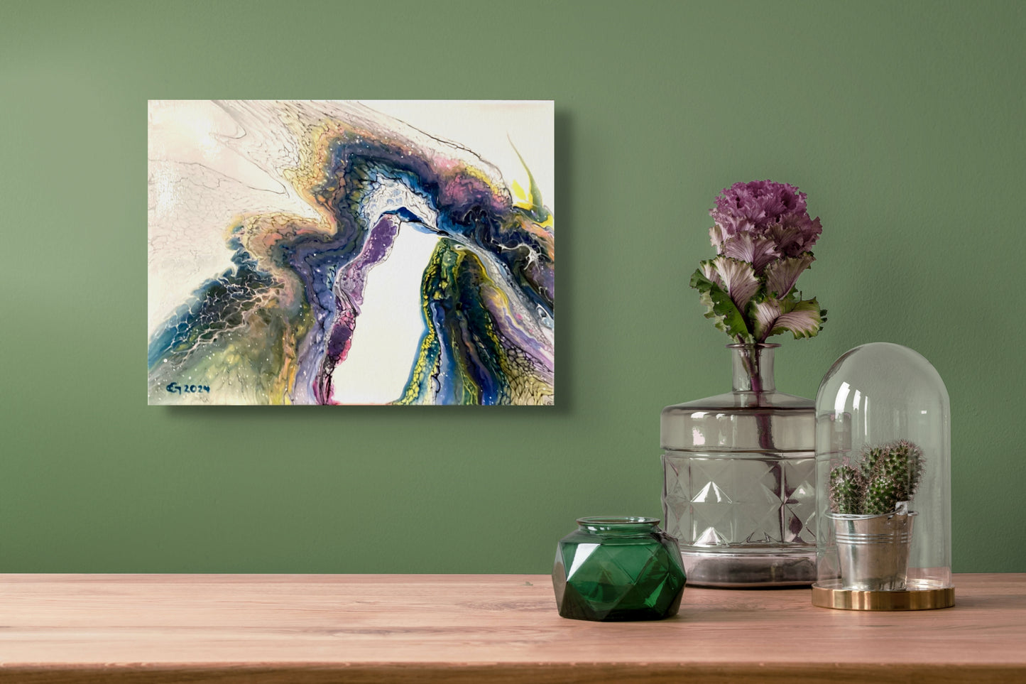 12 x 16 Acrylic Pour painting in the bloom process. Soft colors of Aso Yellow, primary blue, pink and amethyst flow together creating areas of mint greens. Cellular shapes and lacing throughout.