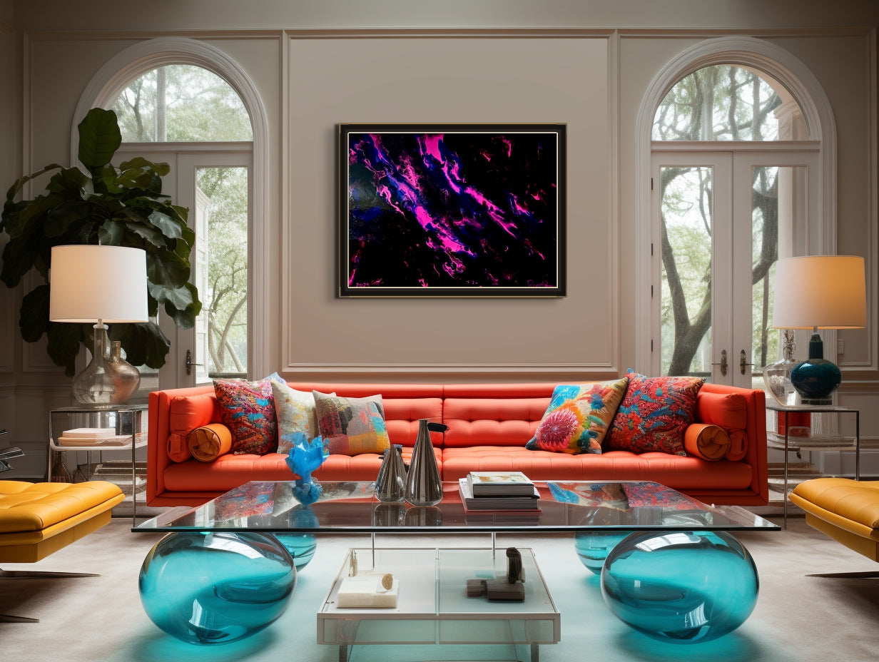 30 x 40 inch acrylic painting created by pearl pour process. The colors exude the cool deep of night with the fiery hot brightness of the pink. It accents a colorful room or brings a muted room a much needed focal point. Currenty framed in a black floater frame. If the frame is desired, the cost of the frame will be added to the price of the painting. The cost is an additional $200.00, which is what the artist paid out of pocket; no mark up on the frame.
