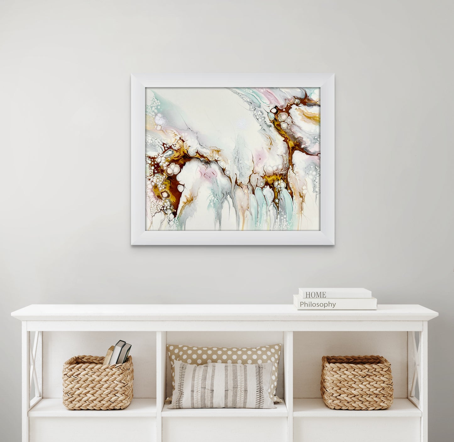 This painting is 24 x 30 inches. The softness of the pastel colors exude the feeling of a fresh snowdrift. It creates a desire for hot chocolate and a warm fire.