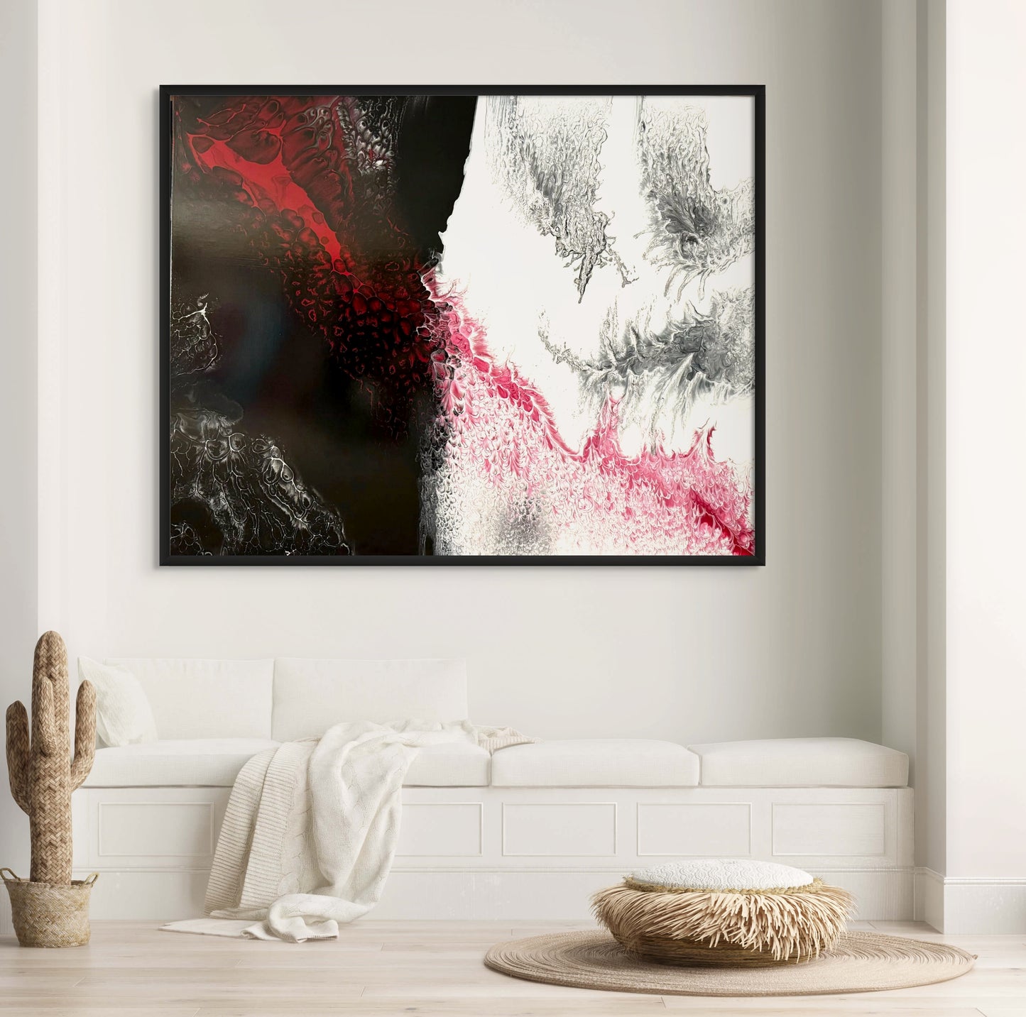 Four feet by Five feet pearl pour painting intended to fill a wall with interest. Minimal colors of black and white base with bright red flowing diagonally through the split base colors. The painting exudes the feeling of The Phoenix rising from the ashes.