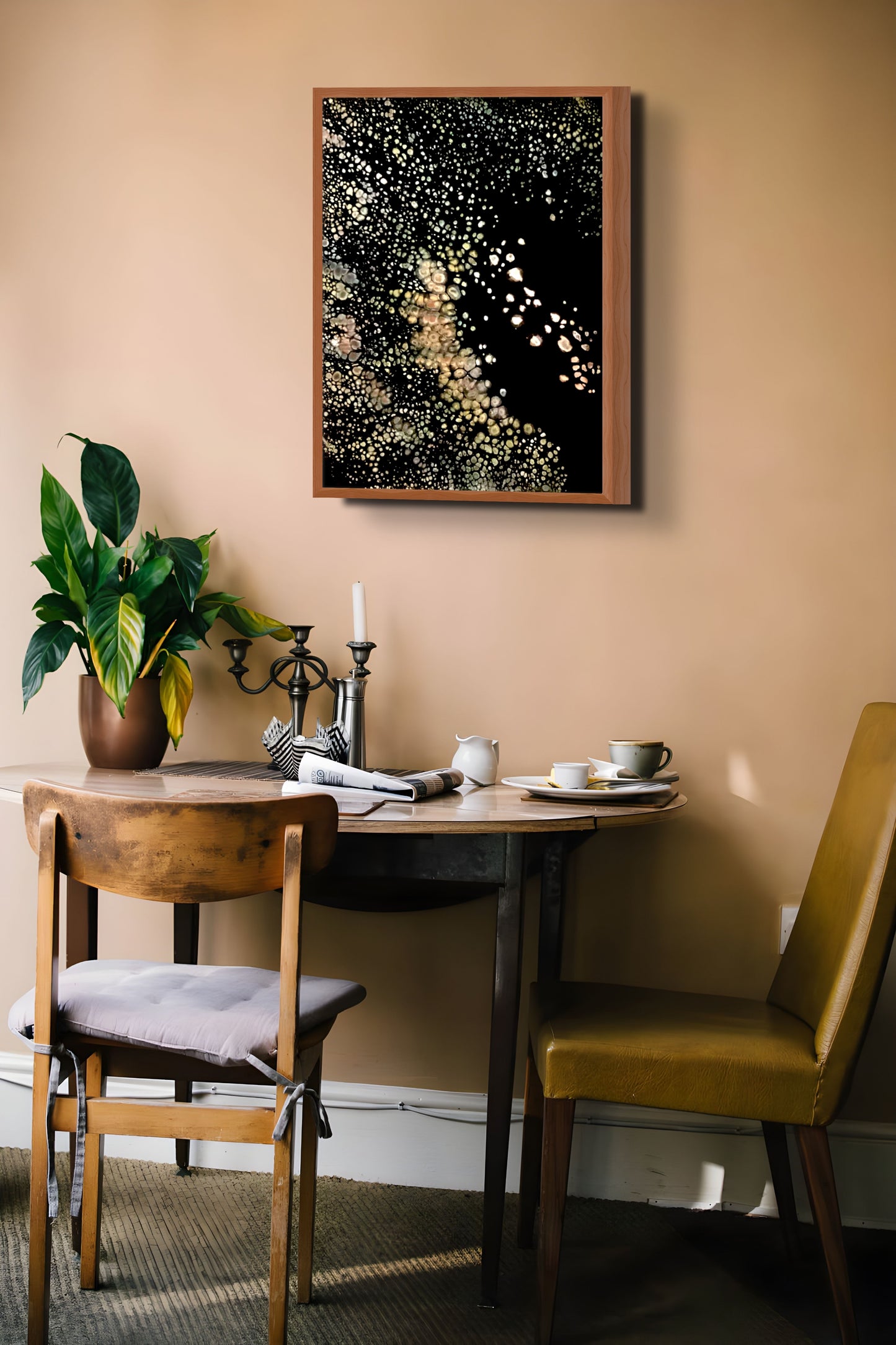 Jellyfish Colony is an acrylic painting 18 x 24. The pattern and color resemble looking at a group of jellyfish from the underside in the ocean. Texture has been added beneath the paint to indicate the movement of tentacles.