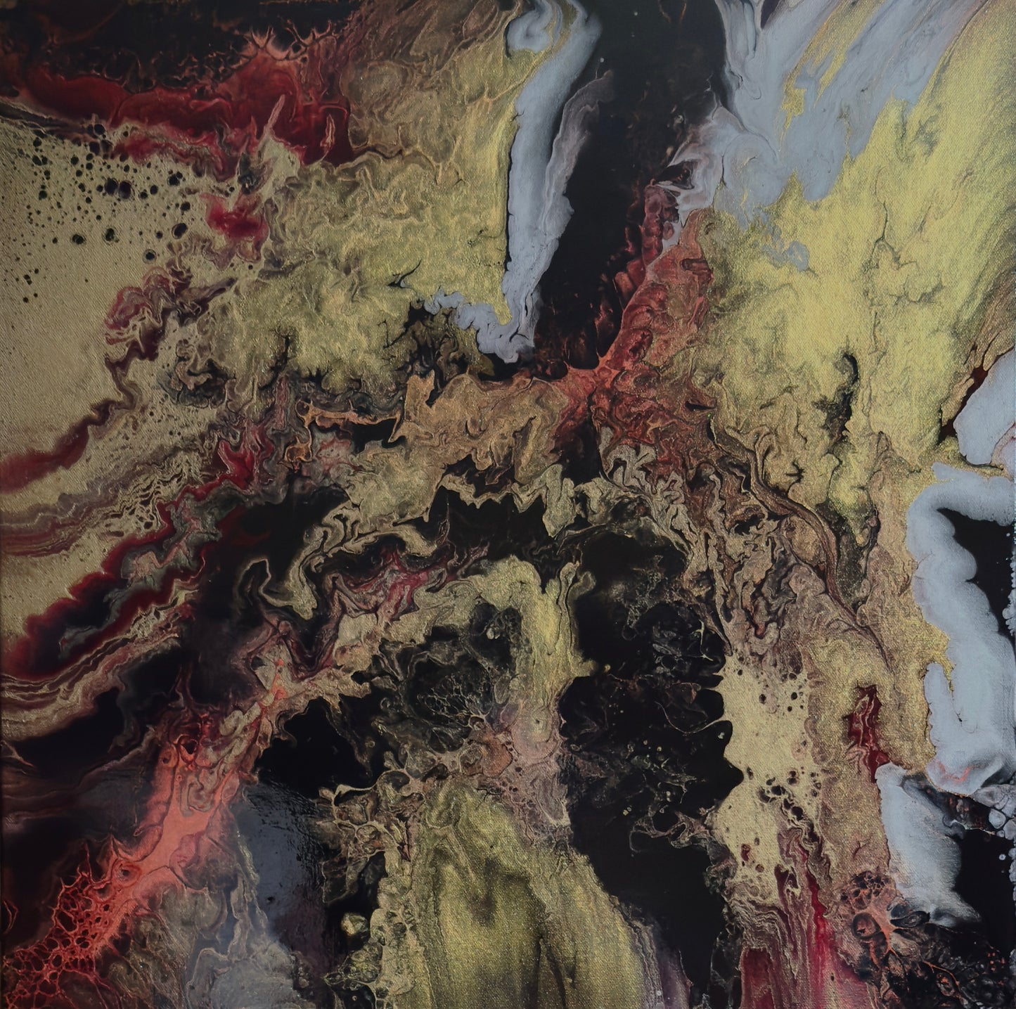 24 x 24 Acrylic painting in pearl process. The two-toned base is a deep rich Prussian Blue and vibrant crimson and magenta. The top colors are metallics in gold, cooper, bronze and silver.