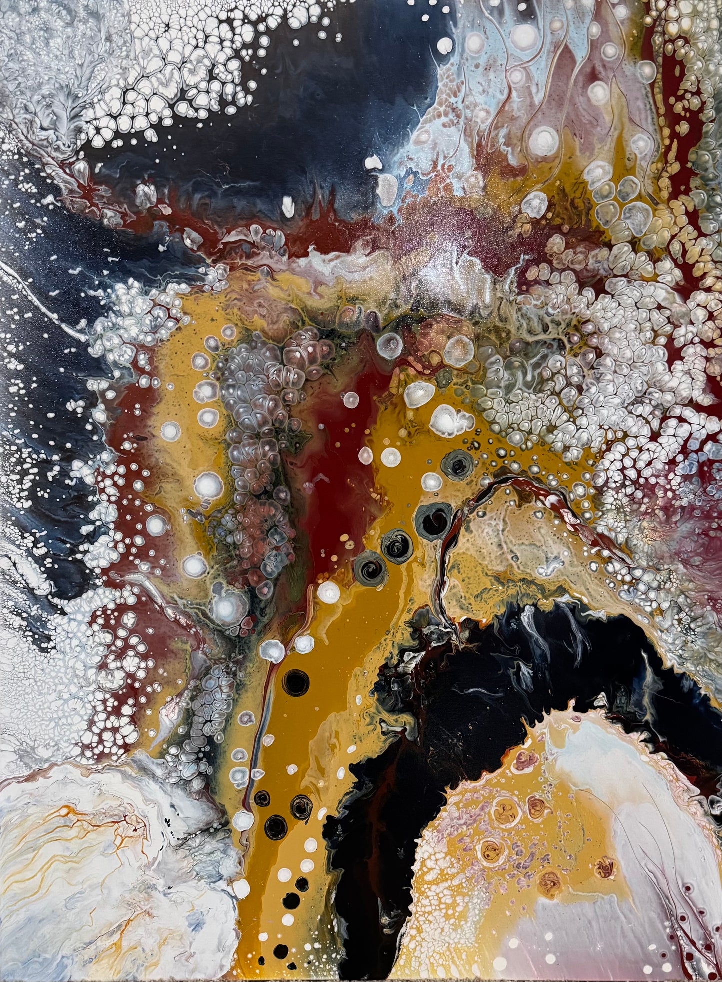 This is a larger Acrylic Fluid painting 36 x 48. The brilliant red is focal in the center with especially beautiful pearls of muted blue and white emerging next to it. The painting is highly active with movement in every portion of the painting. The dark Prussian Blue and yellow ochre add weight and balance. This piece will be the artist signature piece in the upcoming Annual Fine Arts and Crafts Show for 2025 at the Art Center in Grand Junction, Colorado.