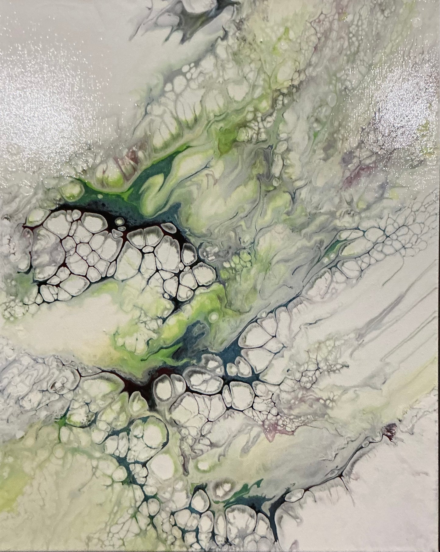 16 x 20 Acrylic Fluid Art painting created in the pearl process. Beautiful pearls in very earthy greens, white, eggplant. A very comfortable feeling is created in this painting and will add interest to any room in your home.