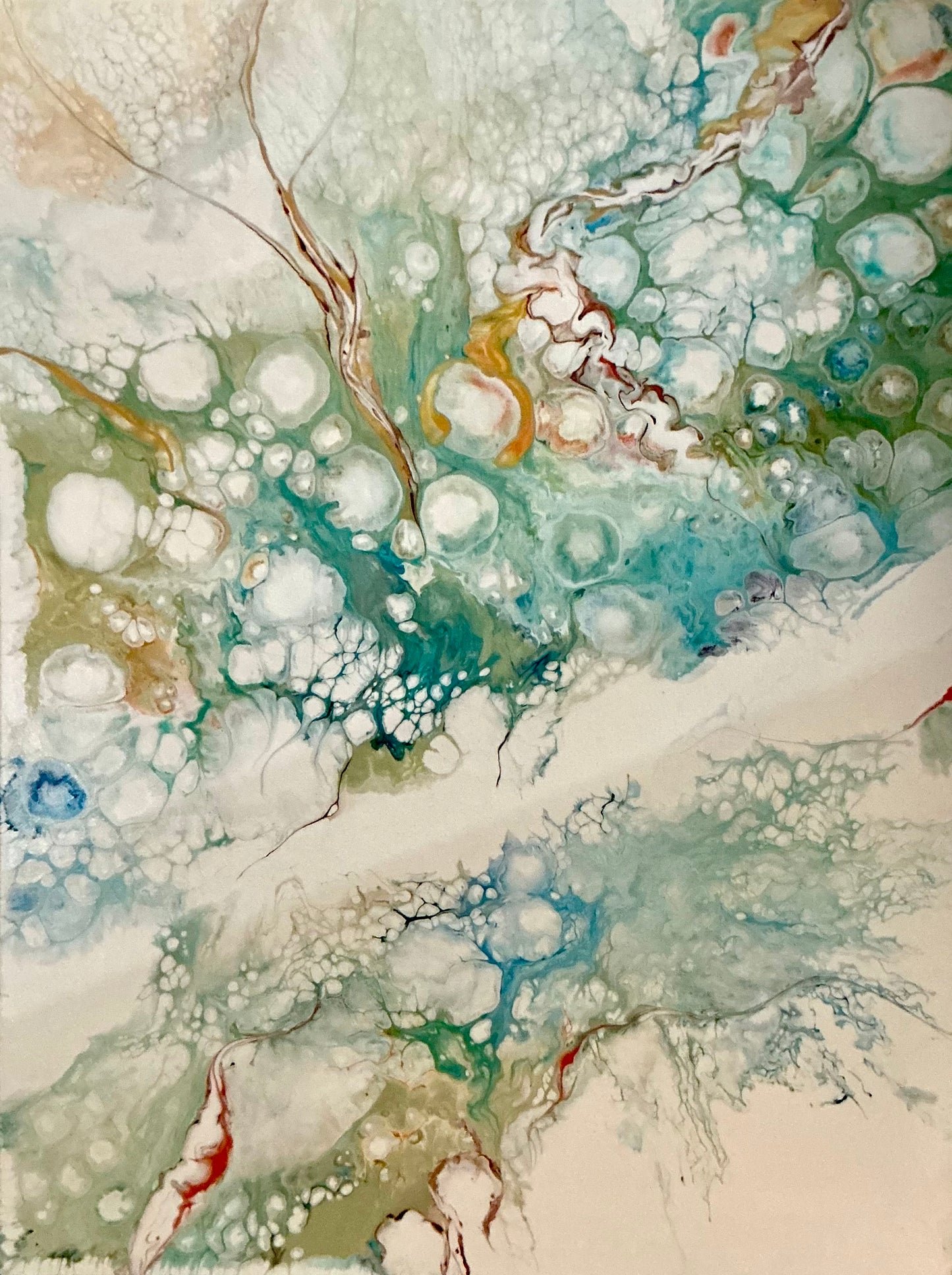 18 x 24 Acrylic Fluid painting. Colors of blues and greens combine forming soft colors. Accent colors of gold, yellow, burnt orange and deep red gives and true feeling of being in a flower garden. Relax and imagine the fragrant smell of your garden. Perfect for any room.