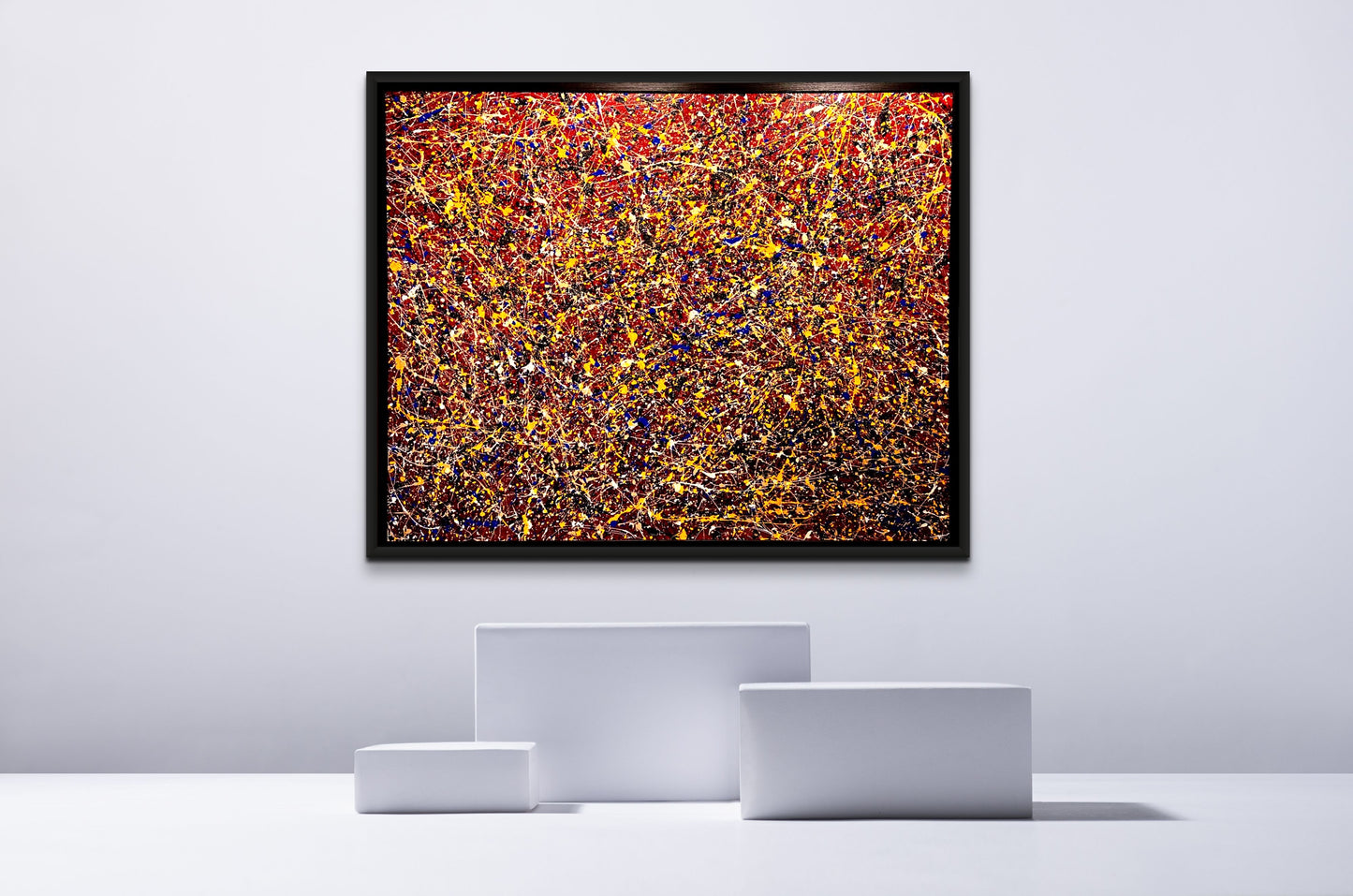 Painting is 48 x 60 inches on professional quality canvas. The painting style is abstract expressionism named Chaos because of its multi-layered paints. Bright and warm colors of sun or flame. Dark cool undertones. Easy to sit for long periods of time pondering the style and meaning.