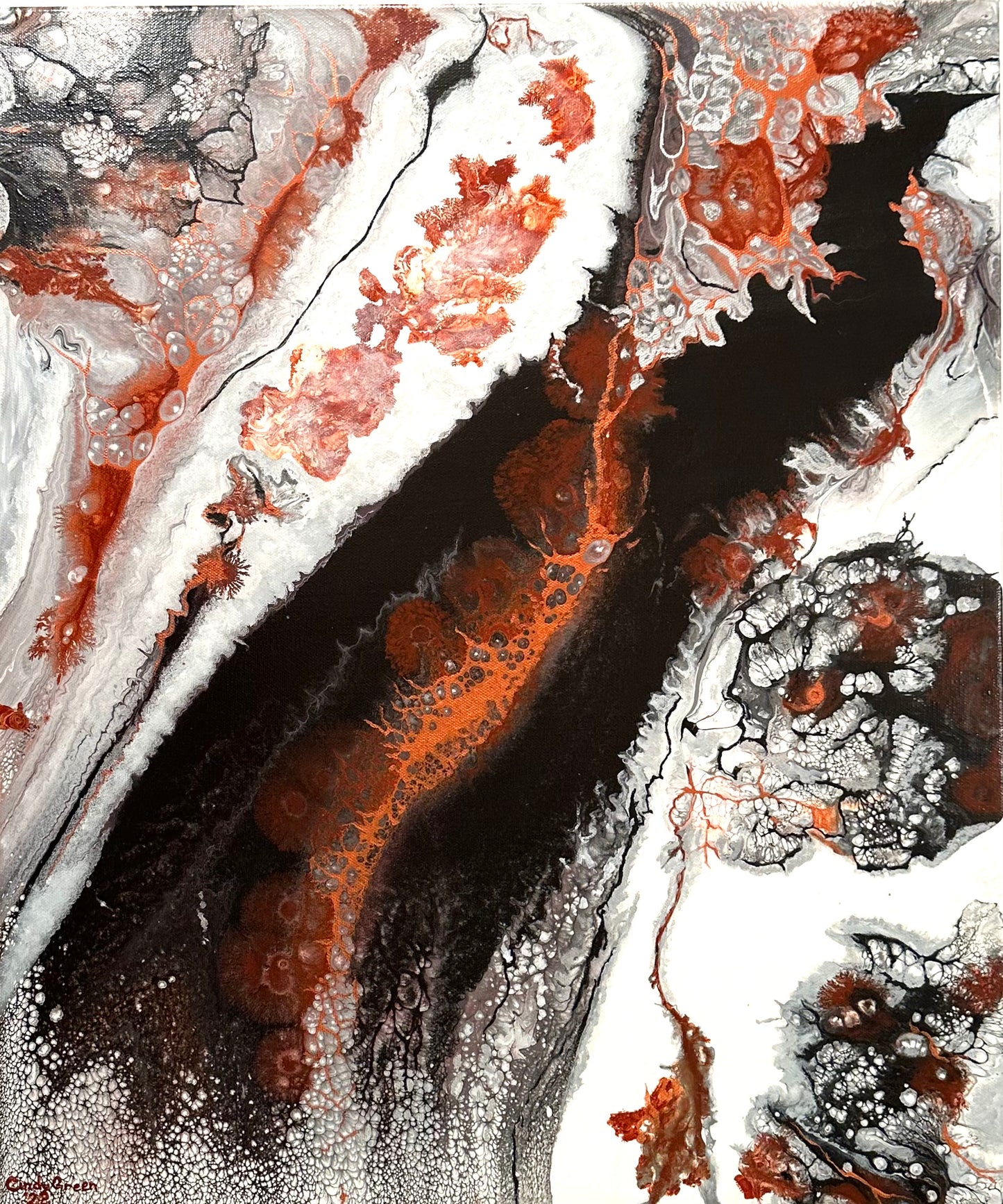 in tenebris astra suspice is Latin for “in dark look up at the stars.” The center of the painting is black the way night feels after a hot day has cooled in the evening. Within the darkness lies bright white with deep patches of red oxide still holding what heat remains.
