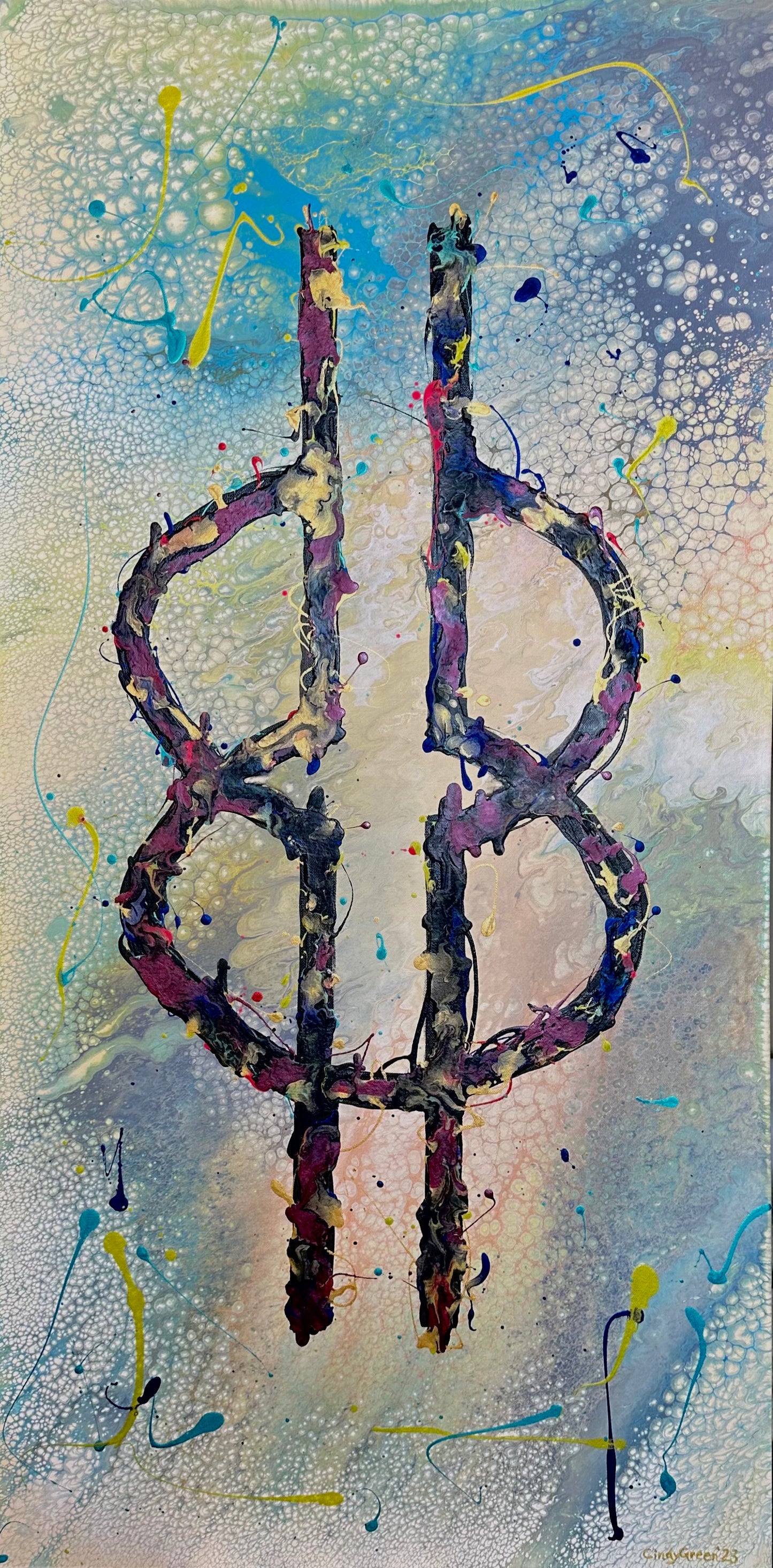 Larger painting. One of three of the symbols series. Background is relaxing shades of blues and white. The symbol is dark with colorful splatters of golds, magenta, yellow and red. Represents wisdom, intelligence, patience and ingenuity.