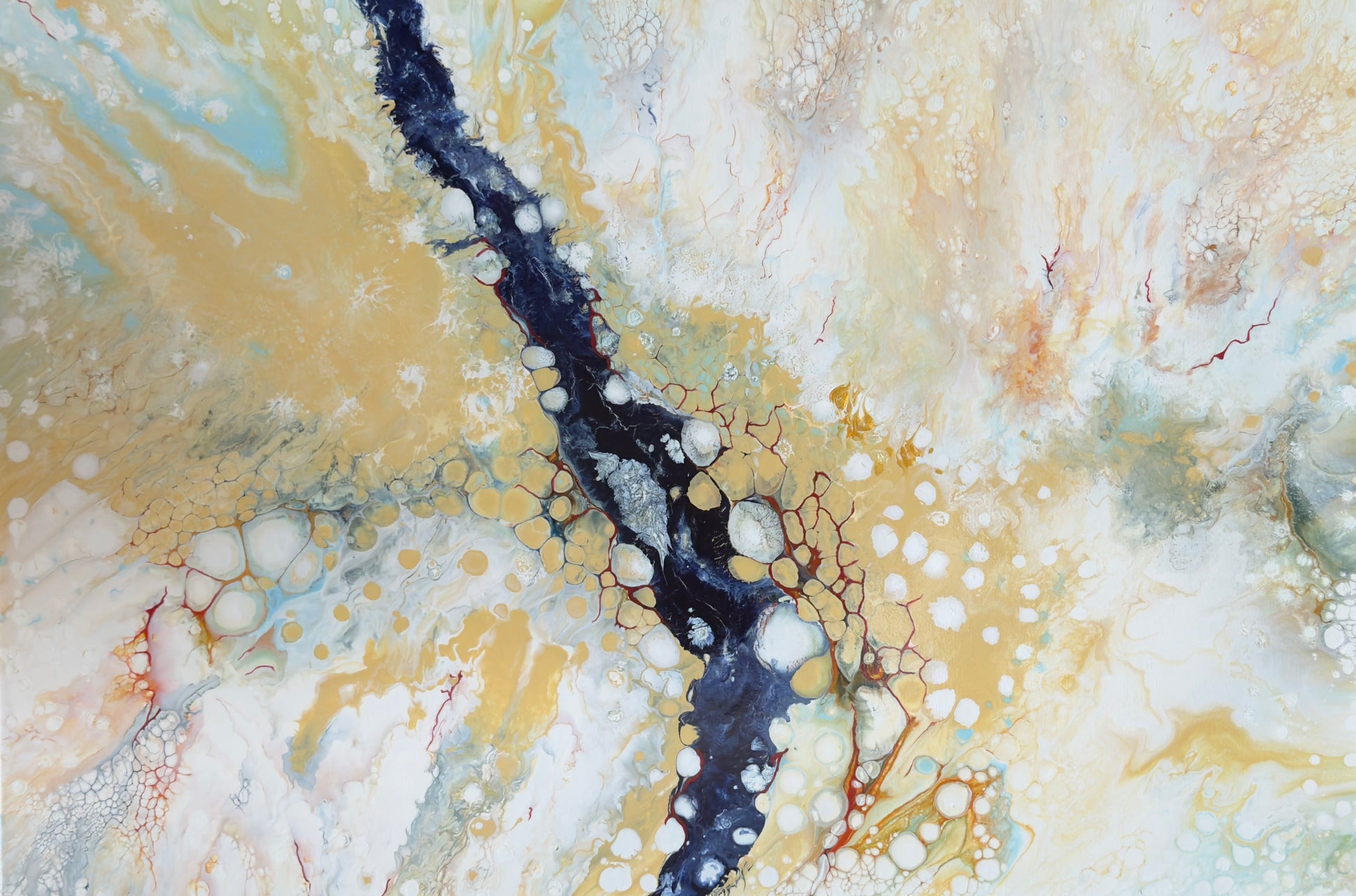 24 x 36 Acrylic painting in the pearl process.  Soft colors of pale blue, yellow and white surround a stunning deep blue streak.  A contrasting feeling.
