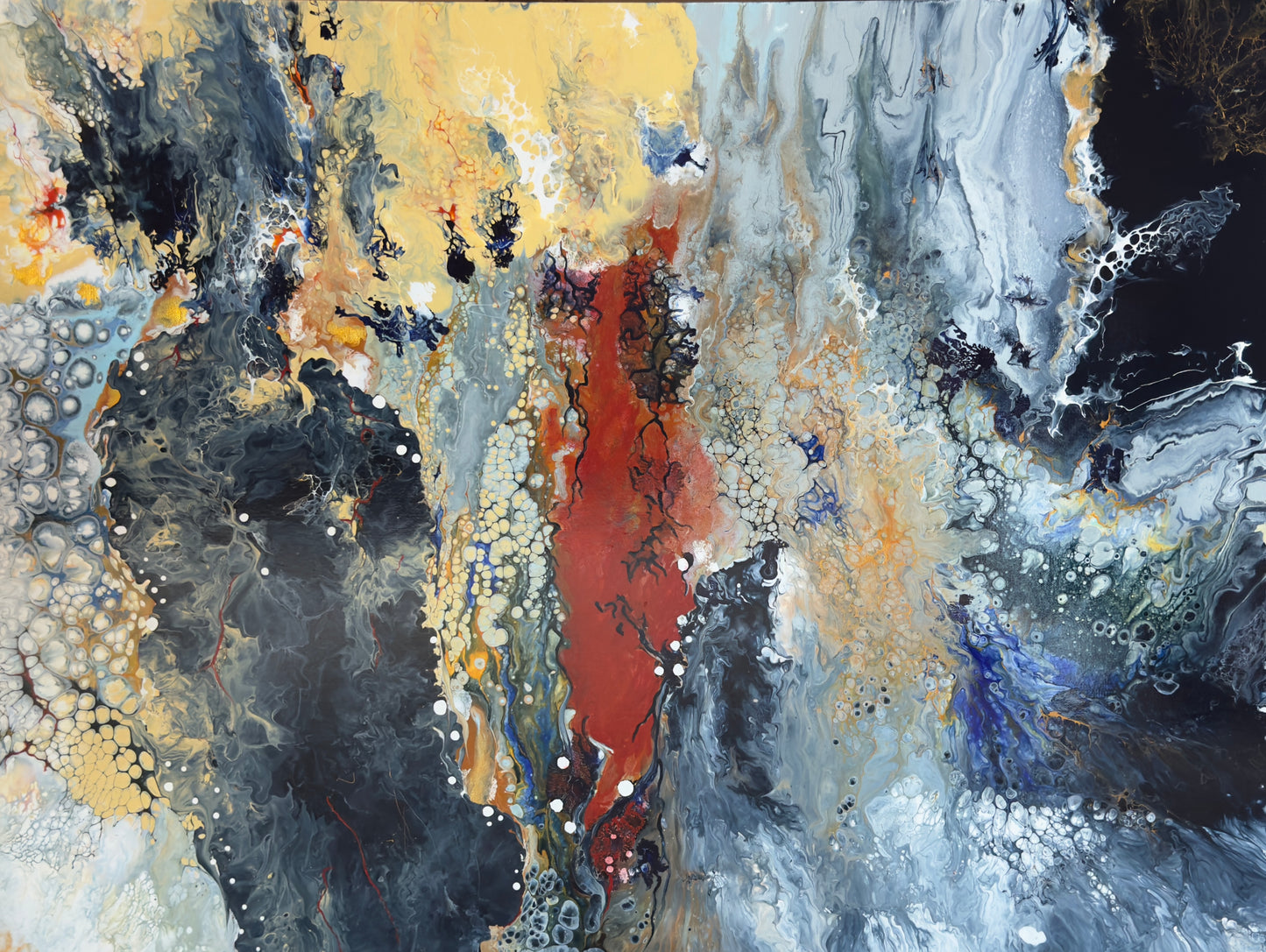 This acrylic painting is 30 x 40 in the pearl process. The striking color patterns evoke a strong feeling of action and mystery.  The colors are Naples yellow, Prussian Blue, grays and whites. Perfect for any location in your home.