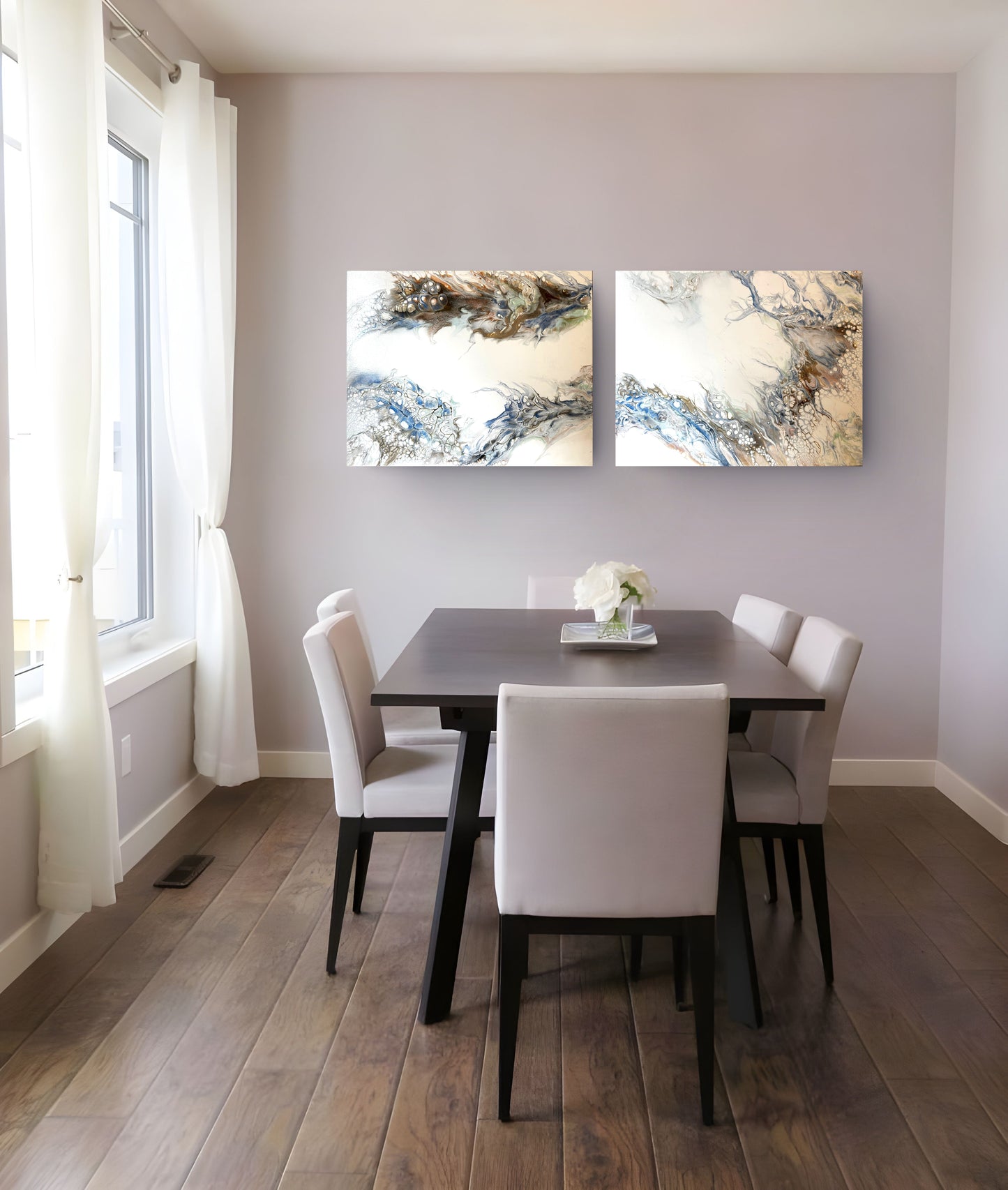 Nature’s Solace is a diptych with each canvas 24 x 30 inches.  The colors are shades of soft blues and earthy tones of browns and golds.  I wanted to portray a sense of peace and calmness to any room. 