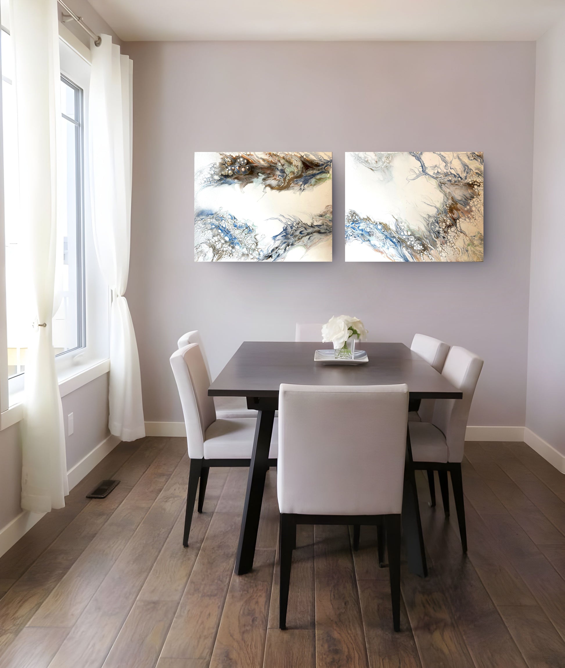 Nature’s Solace is a diptych with each canvas 24 x 30 inches.  The colors are shades of soft blues and earthy tones of browns and golds.  I wanted to portray a sense of peace and calmness to any room. 