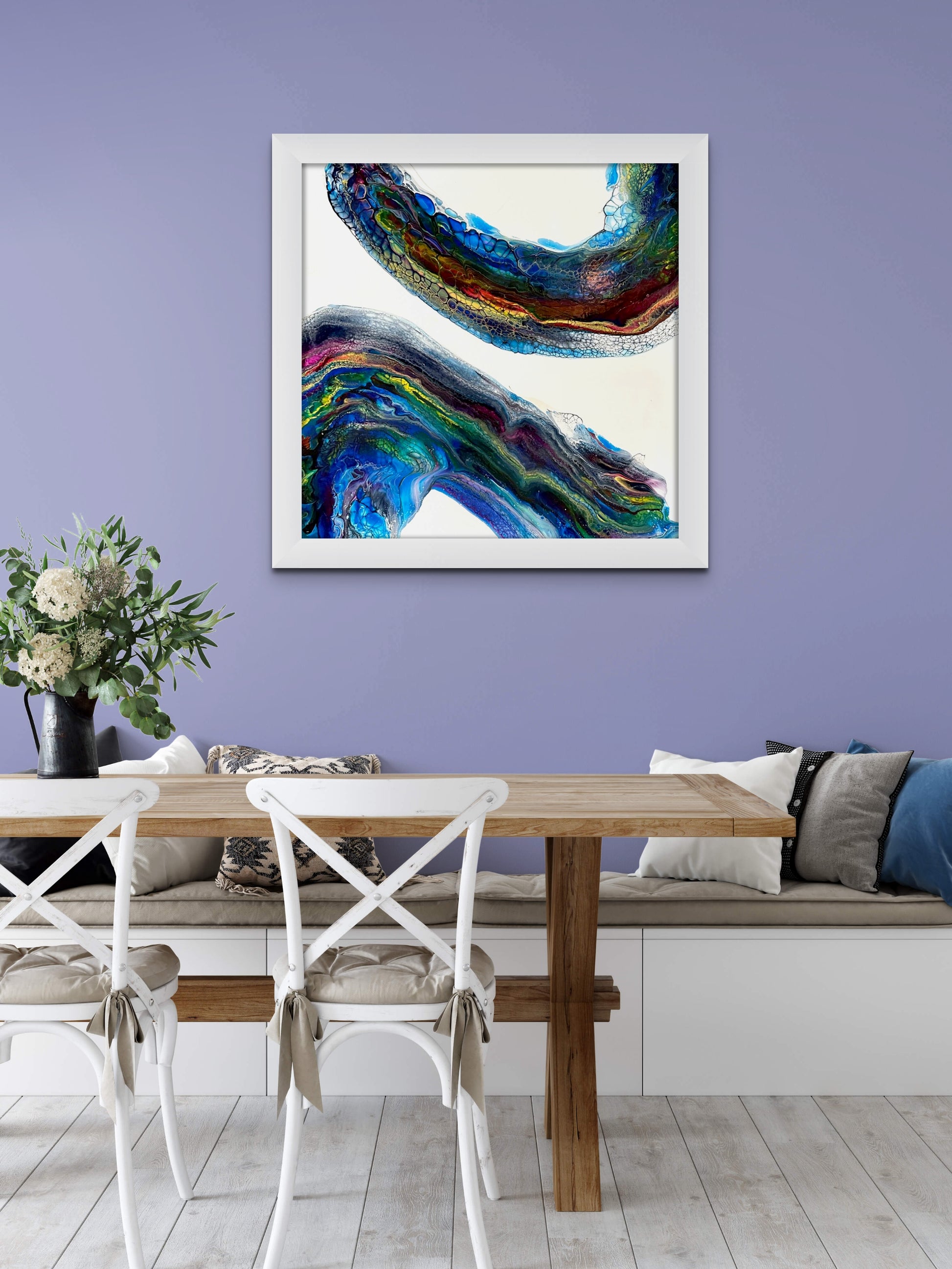 Calm Sea is a 30 x 30 painting in vibrant colors of blues, greens and maroon.  The movement feels like waves in the ocean moving with the tide calmly.  This painting would be ideal in any location adding brightness and color without overpowering.