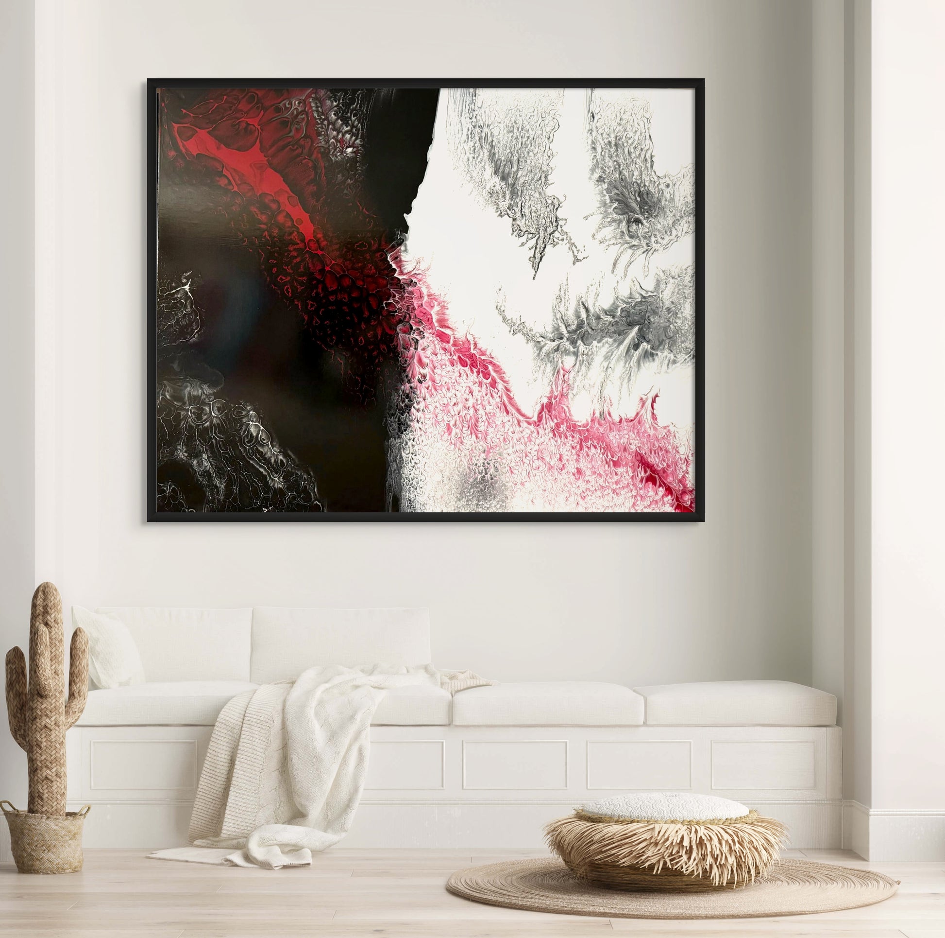 Four feet by Five feet pearl pour painting intended to fill a wall with interest.  Minimal colors of black and white base with bright red flowing diagonally through the split base colors.  The painting exudes the feeling of The Phoenix rising from the ashes.