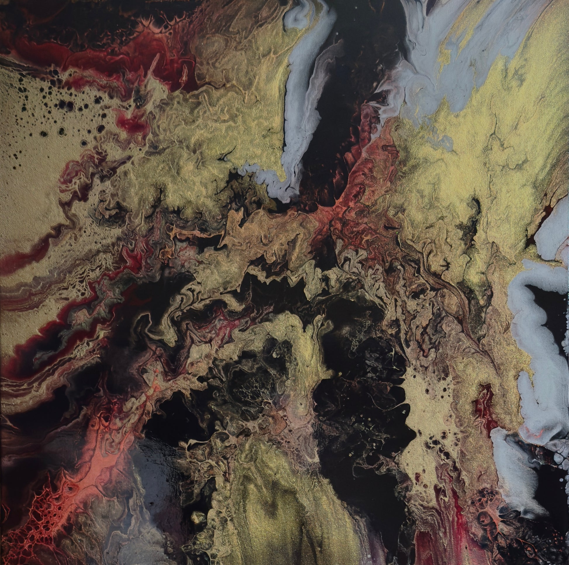 24 x 24 Acrylic painting in pearl process.  The two-toned base is a deep rich Prussian Blue and vibrant crimson and magenta.  The top colors are metallics in gold, cooper, bronze and silver.  
