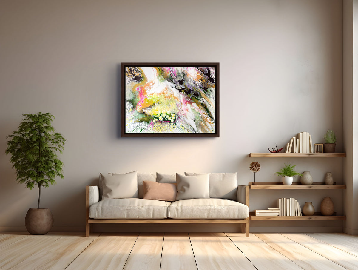 A 30 x 40 inch fluid art painting completed in the pearl process.  When I finished the painting I thought for some time about the naming.  The colors reminded me of the coming Spring and how it feels when the first flowers arrive with some still draped in ice crystals.  A new beginning.  The colors are vibrant yellow and vivid pink with a forest green.  