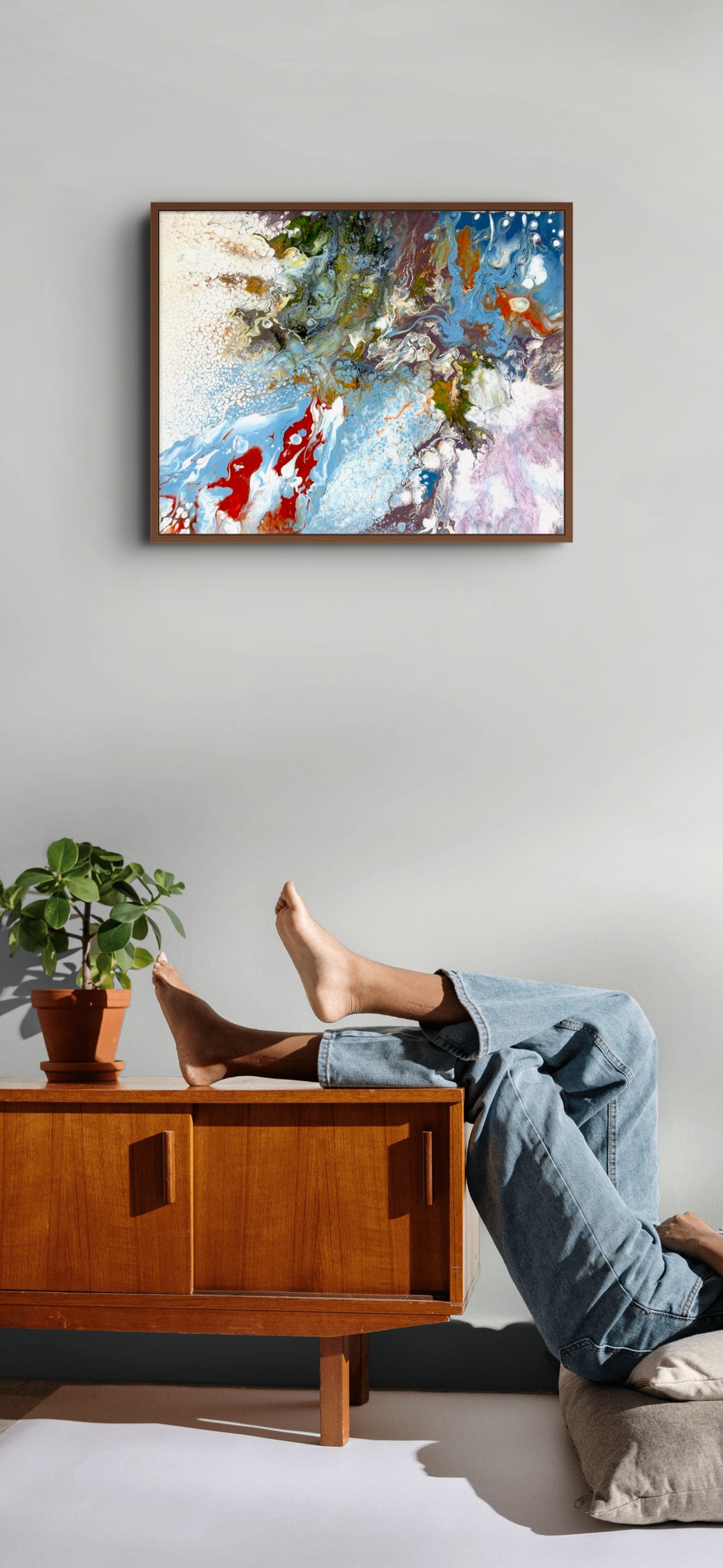 Fluid Art painting 18 x 24 inches in the Pearl  process.  The painting is textured and evokes a feeling promoting introspection.  The colors complement the feeling of the painting with brights spots of vibrant red and subtle blues.