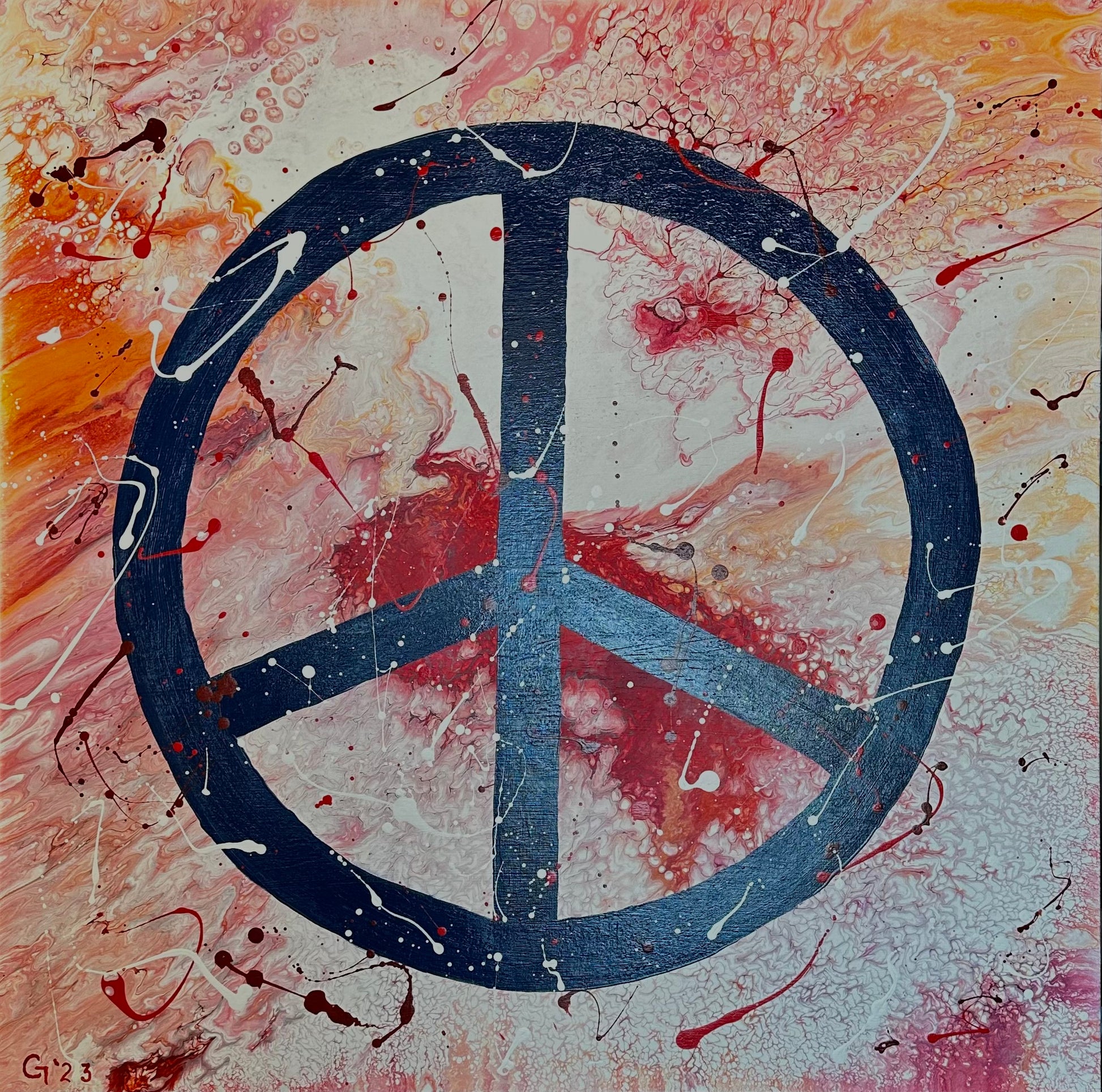 This is the Peace Symbol; part of the three part series of symbols.  The symbol is a dark blue color called denim set on an acrylic pour background of red, white, orange, yellow.  To some of us it represents an important part of our formative years.