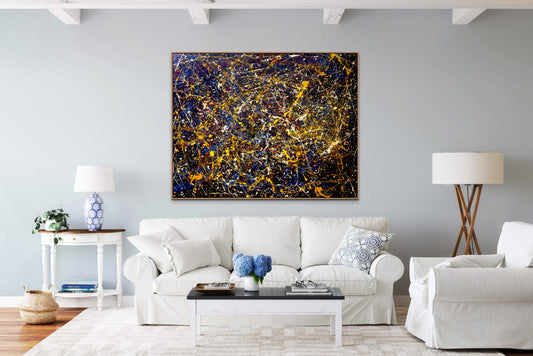 48 x 60 acrylic abstract expressionism.  The painting is name Neuron because of the electricity of the paints and the high static movement of the warm yellows and cool blues.  The painting will bring life to any room and conversation to the party.