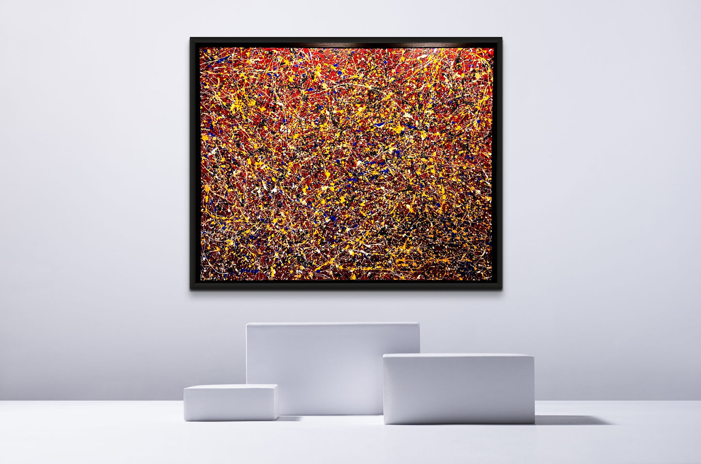 Painting is 48 x 60 inches on professional quality canvas.  The painting style is abstract expressionism named Chaos because of its multi-layered paints.  Bright and warm  colors of sun or flame.  Dark cool undertones. Easy to sit for long periods of time pondering the style and meaning.