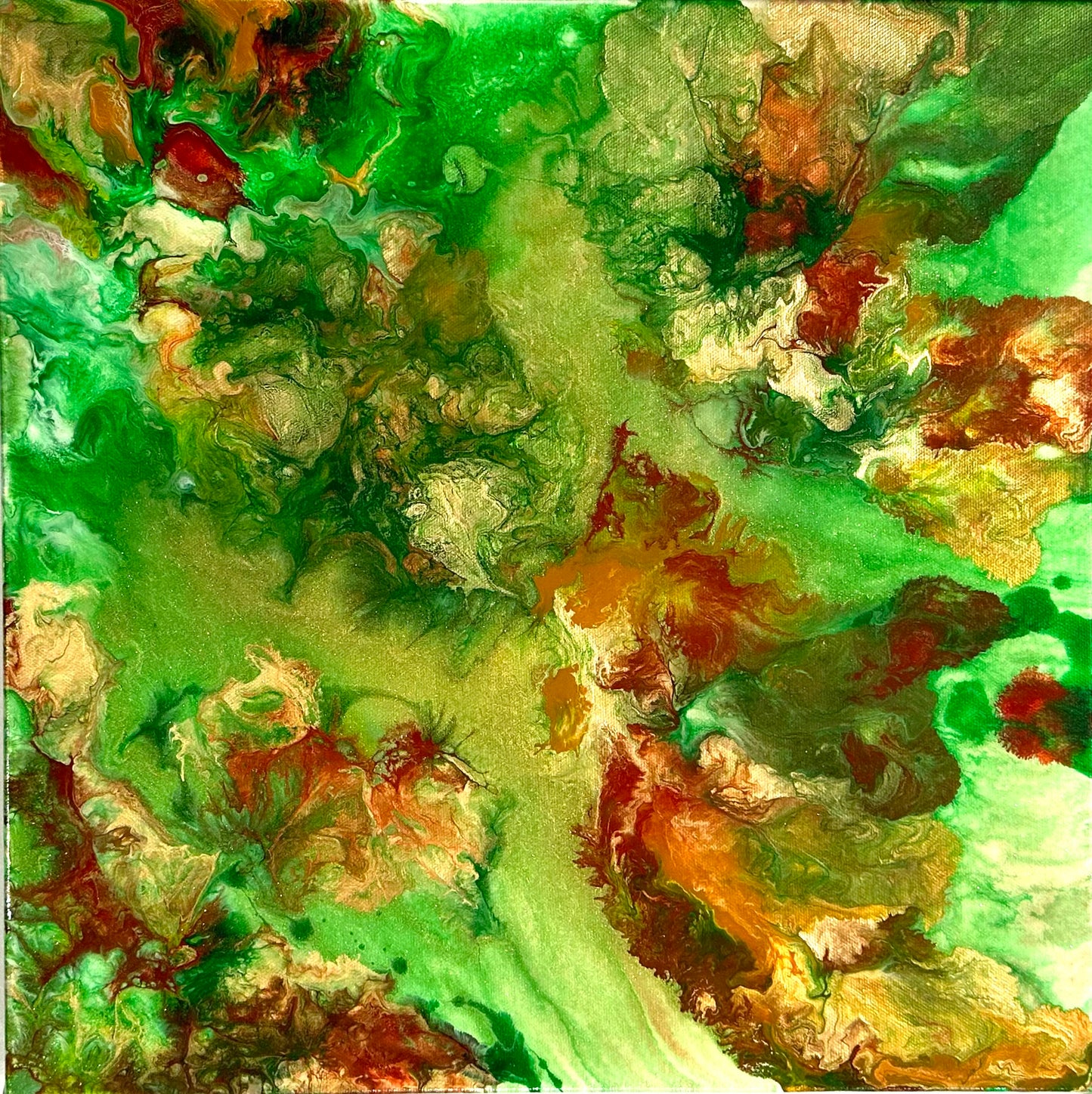 Acrylic paint in shades of cool green the way it feels when the sun is not on the grass.  Mixed reds created by heat from the sun.