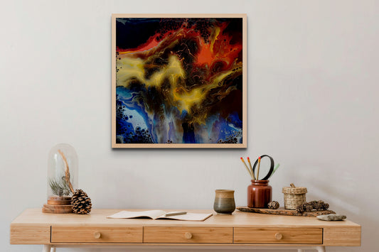 Nebula is 24 x 24 inspired by the colors of the universe.  The movement that is ever constant is reflected in the painting and will bring warmth and interest to any area of the home or office.  The finish is resin inasmuch as it makes the colors alive and vibrant.