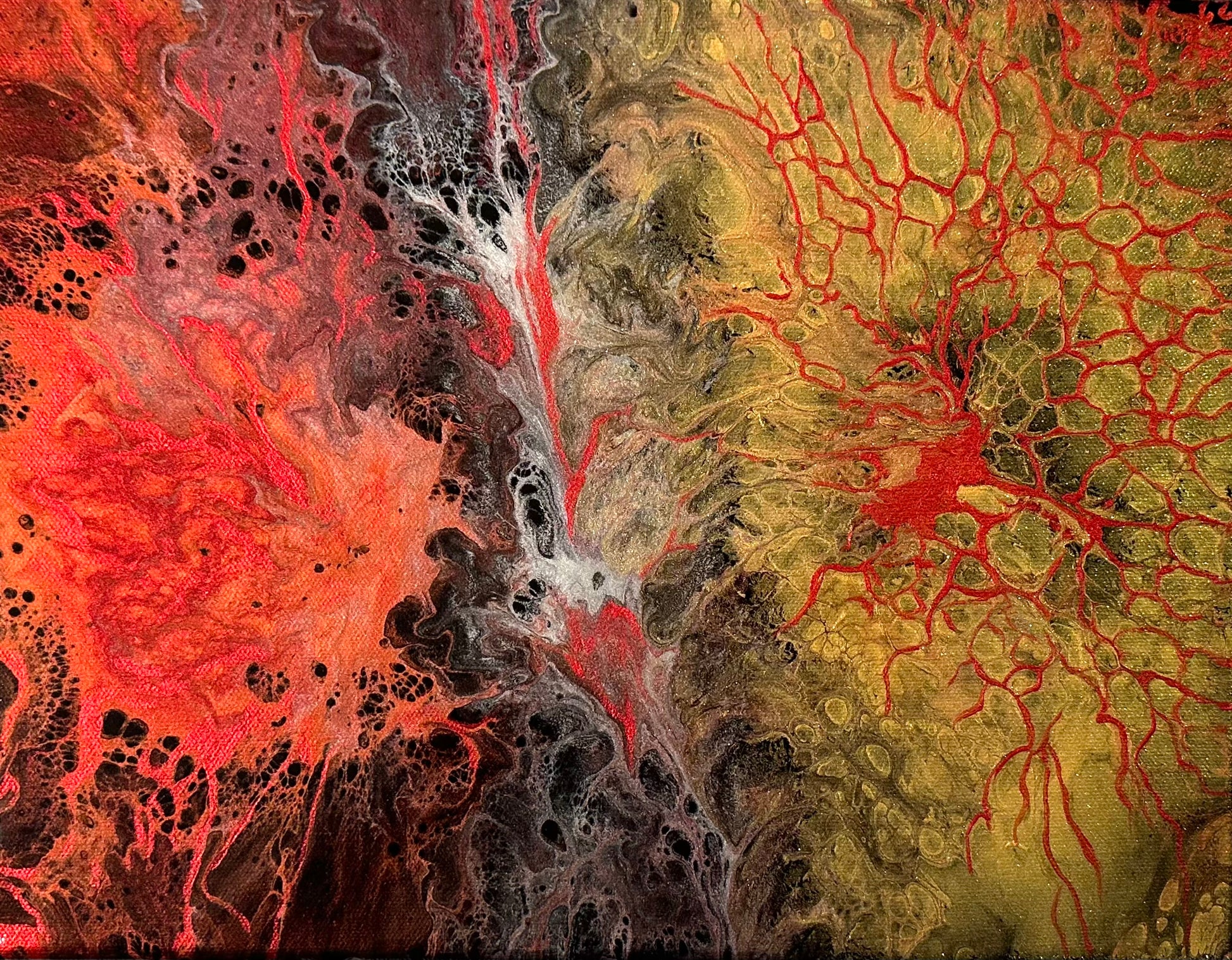 Everything that exists between earth and sky lies between imagination and knowledge.   The right side of the painting represents what is beyond our understanding and falls to imagination in a hot color (red) and warmth of gold.  The left side represents what we know within the heated core of earth of the earth.  We exist somewhere in the center.